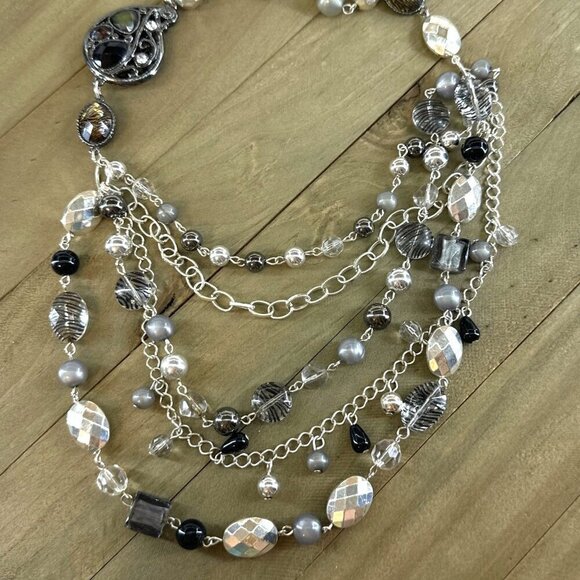 5 Tier Beaded Necklace Zebra Print Silver Tone Adjustable Length Chunky - Picture 4 of 4